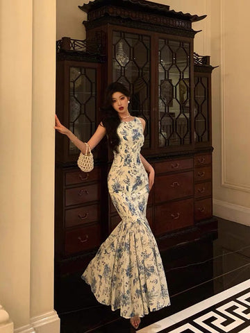 Sheath Boat Sleeveless Blue Floral Ruffle Long Prom Dresses Birthday Outfits SD616